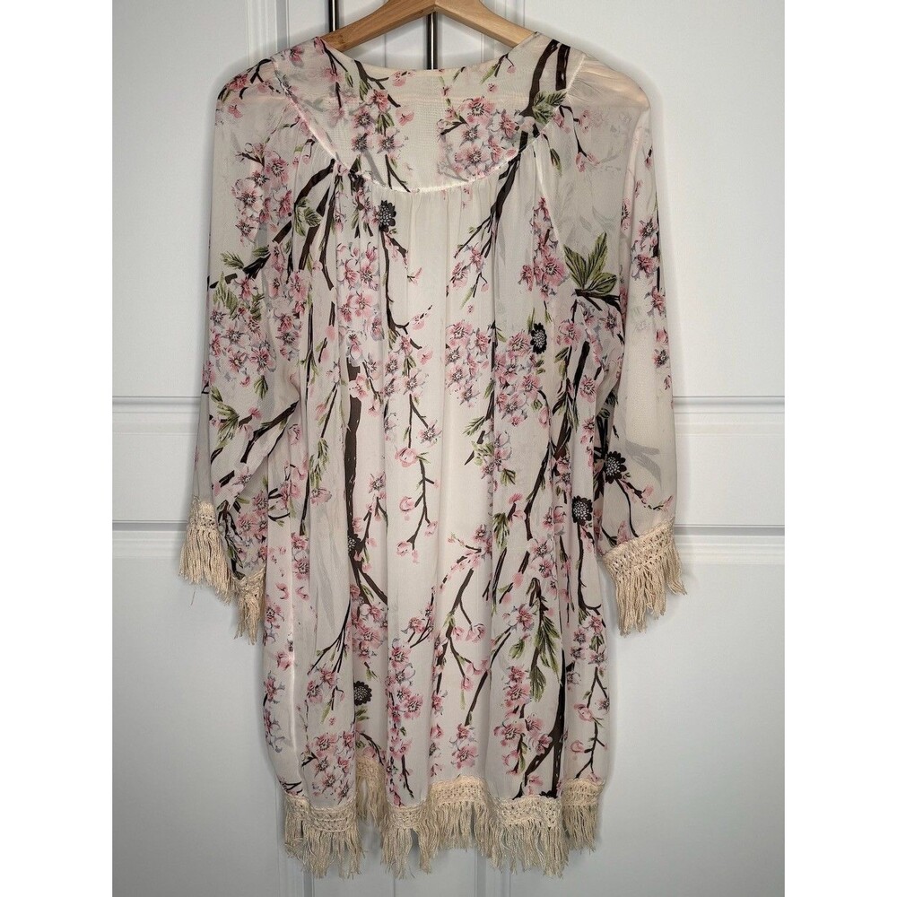 Boho Floral Cherry Blossom Kimono Cardigan Crochet Fringe Duster One Size - Picture 6 of 6